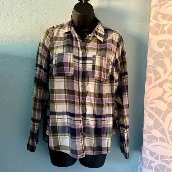 SO Lavender & Olive Green Plaid Button Down Flannel Shirt Size Small - Picture 1 of 7